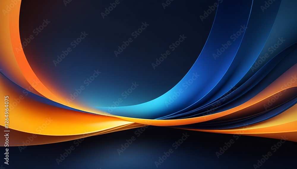 Poster abstract wave-like design featuring gradients of blue and orange against a dark background, creating
