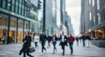 Blurred people walking in modern city
