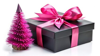 Obraz premium Black Gift Box with Ribbon Bow and Pink Christmas Tree Holiday Greeting Card