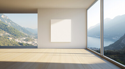 Bright minimalist room with wooden floor, blank canvas, and scenic mountain and lake views through large windows.