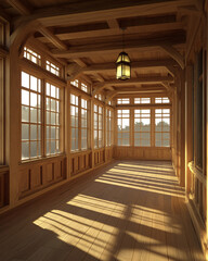 Sunlight streams into a wooden sunroom with large windows, highlighting the warm texture and creating long shadows across the floor.