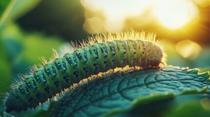Fototapeta premium Green caterpillar sunset leaf nature macro