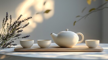 Ceramic teapot with lavender on a white background