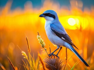 Loggerhead Shrike Perched in Tall Grass - Panoramic Wildlife Photography