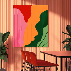 Colorful abstract art hangs above chairs and table, bathed in striped shadows against a peach-toned wall.