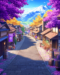 Fototapeta premium Charming anime village street, lined with traditional Japanese buildings and vibrant, colorful trees, against a backdrop of majestic mountains.