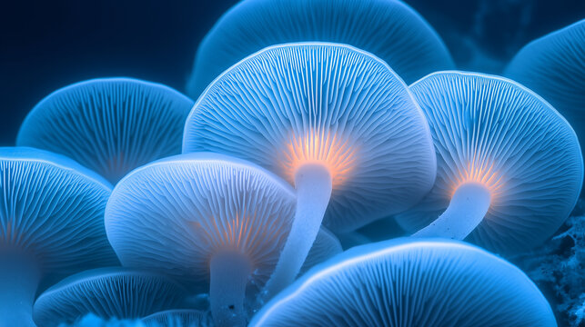 Cluster of Bioluminescent Mushrooms in Dark Forest