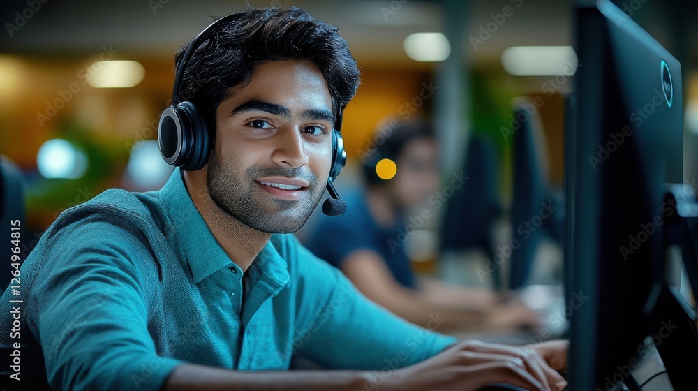 Poster young man working at a computer in an office setting with headphones on, smiling at the camera durin