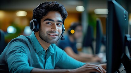 Young man working at a computer in an office setting with headphones on, smiling at the camera during the day
