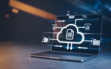 Modern Laptop Computer Cloud Storage Data Transfer Digital Technology Secure Online File Sharing Network Synchronization Efficient Information Management System Business Workflow Process Innovation   