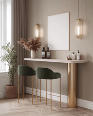 Elegant bar setup with olive chairs, warm lighting, decorative objects and a blank picture frame for personalisation.