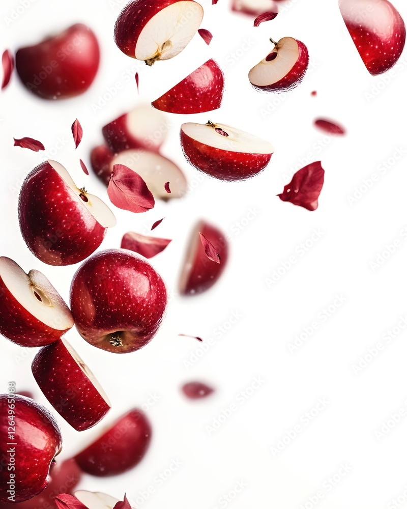 Poster fresh red apples and slices falling in a dynamic composition against a clean white background