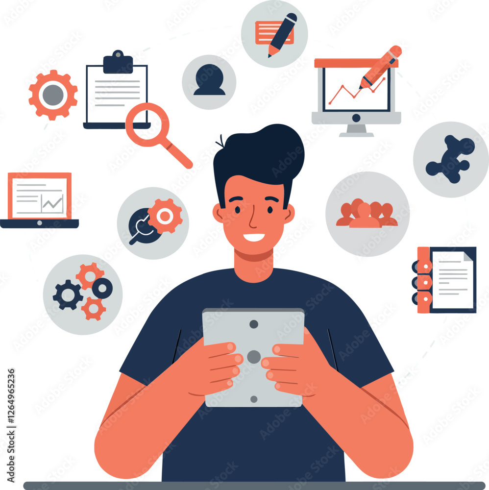 Aufkleber person using tablet with digital tools and icons in a flat design vector illustration