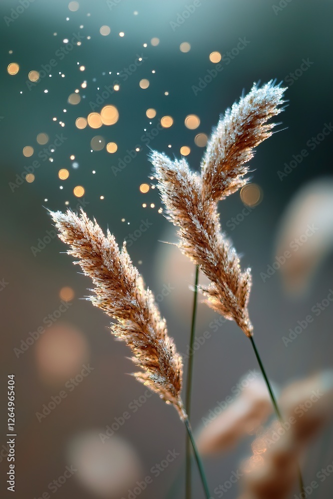 Poster fresh green grass glimmers in the soft sunlight, as tiny golden light particles float mysteriously i