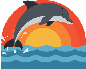 Obraz premium Dolphin jumping over ocean waves with sunset background in flat vector art style vector art