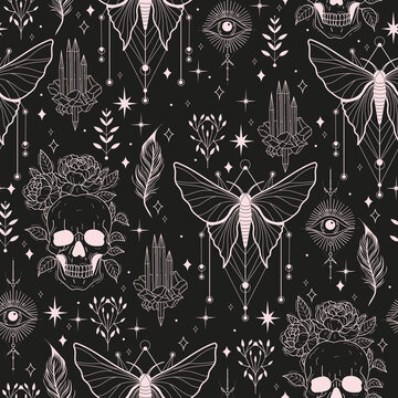 Seamless vector pattern with skull, flowers, crystal, and eyes. Pastel color witchy mystical background.