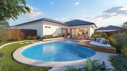Modern cozy backyard with a round above-ground swimming pool, wooden deck, and lush greenery