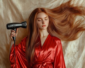 A modern woman holding an electric hair dryer, blow-drying her hair while wearing a red silk robe.