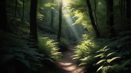 Soft sunlight filtering through the dense forest canopy, illuminating a serene trail. The natural light creates a peaceful and enchanting atmosphere, perfect for nature and outdoor photography