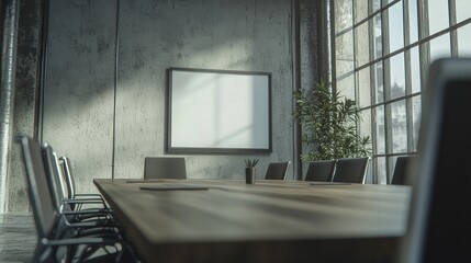 Fototapeta premium This image showcases a modern conference room featuring a rustic wooden table, sleek chairs, and large industrial windows, perfect for a professional setting.