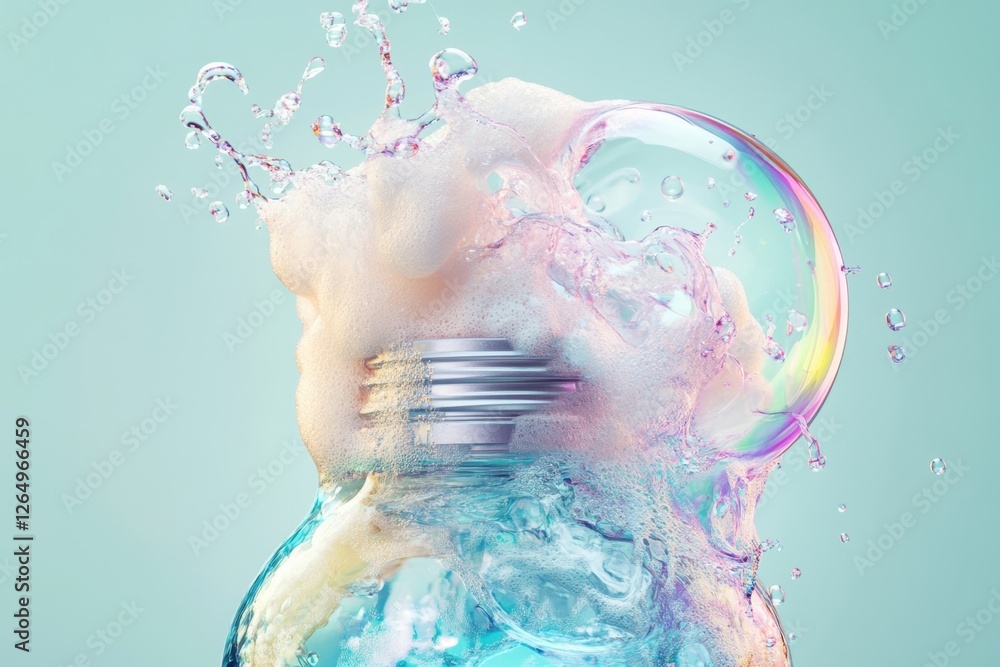 Poster a jar of bubbles is exploding and the bubbles are in different colors