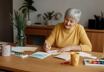 Senior woman painting at home in sunny studio