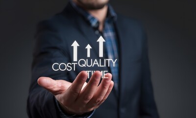 Businessman Hand Holding Upward Arrows Cost Quality Time Improvement Concept Successful Strategy Efficient Management Professional Growth Development Increase Productivity Modern Business Solutions   