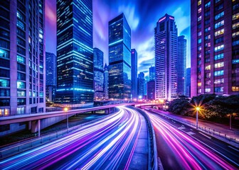 Fototapeta premium Long Exposure City Lights, Urban Night Scene, Glowing Metropolis, Blurred Traffic, Night Photography