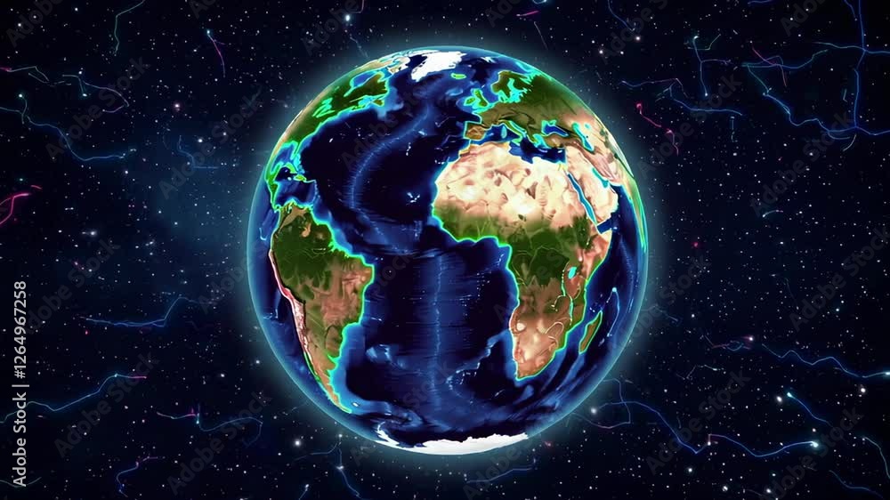 Poster rotating planet earth revealing global geography with glowing seismic lines highlighting geological 