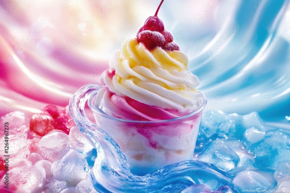 Poster cupcake with frosting is floating in a liquid