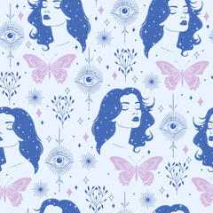 Seamless vector pattern with women, eyes, and butterflies. Pastel color witchy mystical background.
