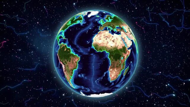 Rotating planet earth revealing global geography with glowing seismic lines highlighting geological dynamics against dark cosmic background