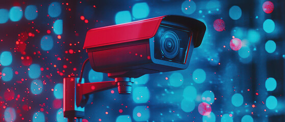 A vibrant security camera with a red casing is mounted against a colorful, blurred background of blue and red lights, emphasizing its modern design.