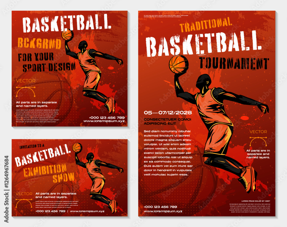 Aufkleber set of three basketball background template with jumping player
