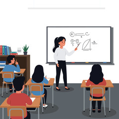 Teacher presenting mathematical concepts to students in a classroom setting with flat design vector art
