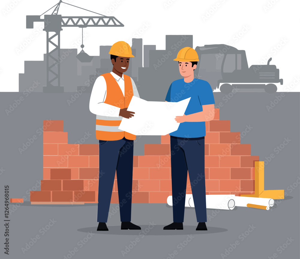 Poster construction workers collaborating on blueprints in minimal flat style vector art
