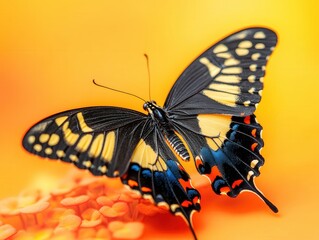 Obraz premium Elegant Swallowtail Butterfly Resting on Vibrant Orange Flowers in a Warm Light Setting
