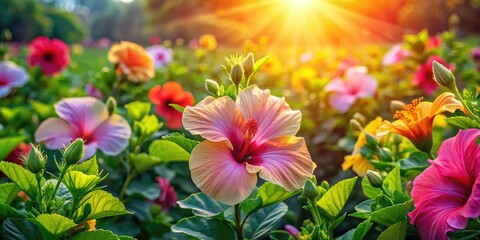Fototapeta premium Panoramic view captures a breathtaking hibiscus bloom, showcasing vibrant tropical beauty.