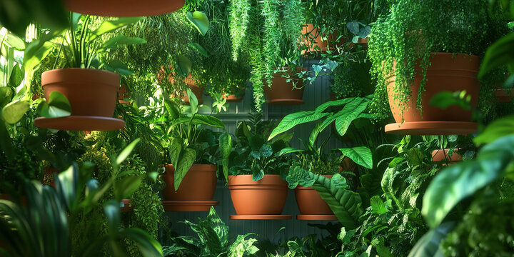 Indoor Vertical Garden with Terracotta Pots and Assorted Green Plants