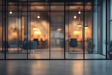 Modern office interior with glass walls and doors, blurred background showing warm lighting and workspace.