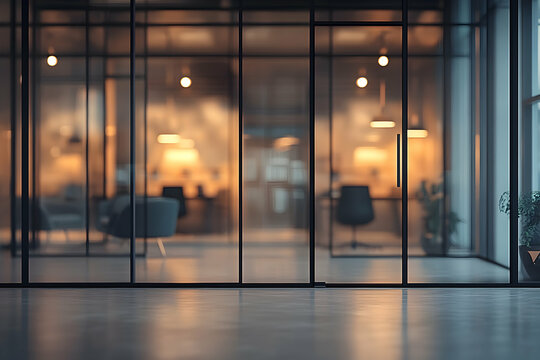 Modern office interior with glass walls and doors, blurred background showing warm lighting and workspace.