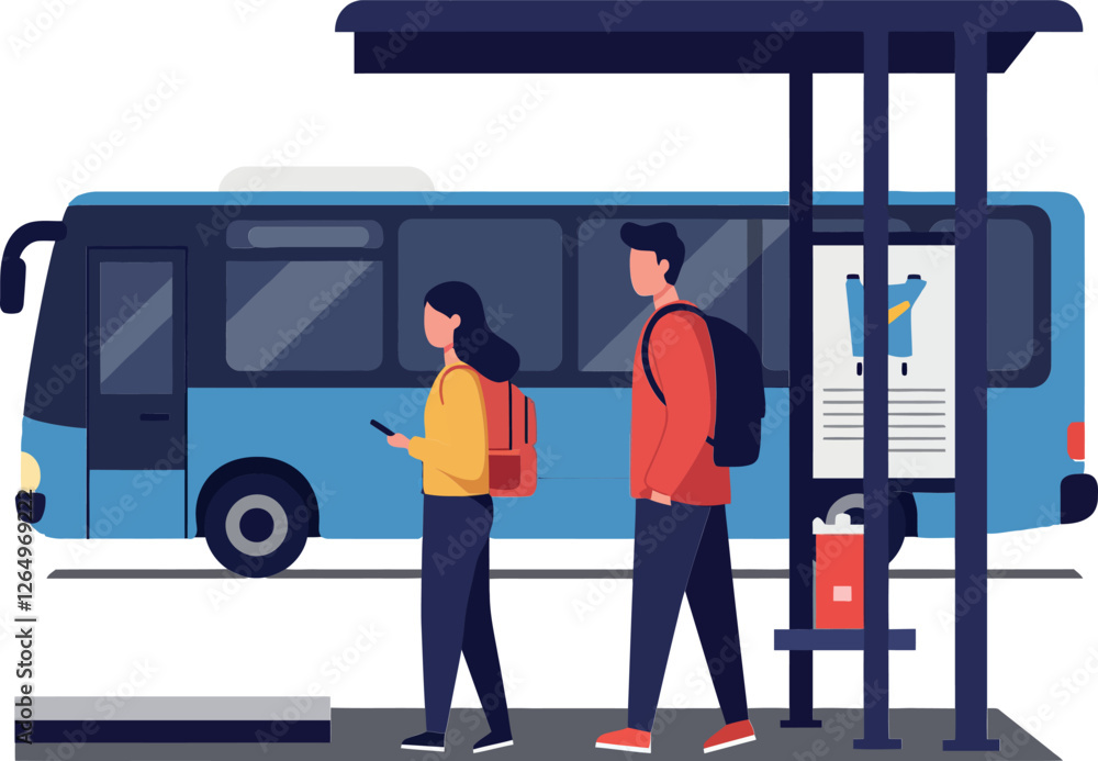 Poster bus stop scene with two people walking in minimal style vector art