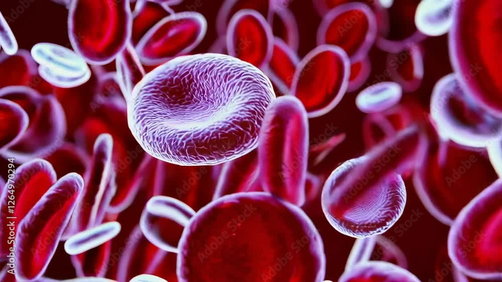 Poster Microscopic visualization revealing red and white blood cells drifting smoothly through intricate blood vessel network. Showcasing complex circulatory system dynamics in precise slow motion rendering