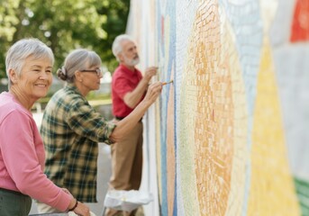 Seniors creating a colorful mosaic mural