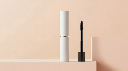 Makeup Brush and Container on Peach Background