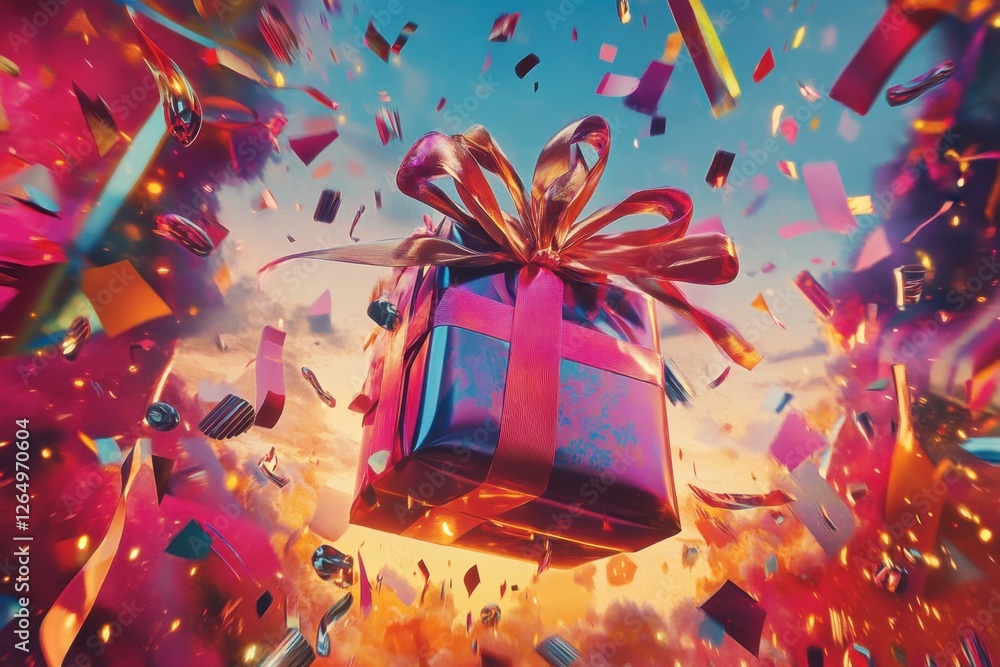 Aufkleber a box with a ribbon on top of it is exploding in a colorful explosion