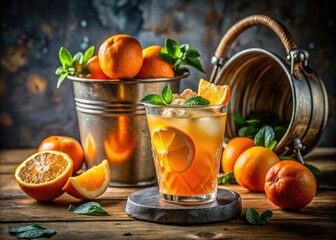 Refreshing summer orange cocktail photography:  bucket of citrus,  candid shot,  plenty of room for text.
