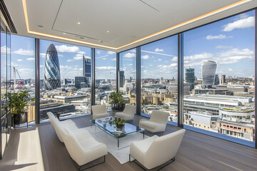 Obraz na płótnie Canvas Stunning panoramic city view from a modern, luxurious apartment lounge. Floor-to-ceiling windows showcase iconic skyscrapers and a vibrant cityscape.