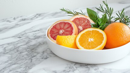 Fresh citrus fruits and herbs in a white bowl on marble, vibrant and refreshing composition.