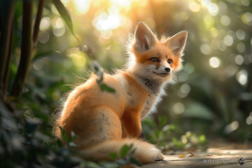 Obraz premium A super cute, small fox with soft orange fur, bright, playful eyes, and a fluffy tail, sitting contently in a peaceful forest setting